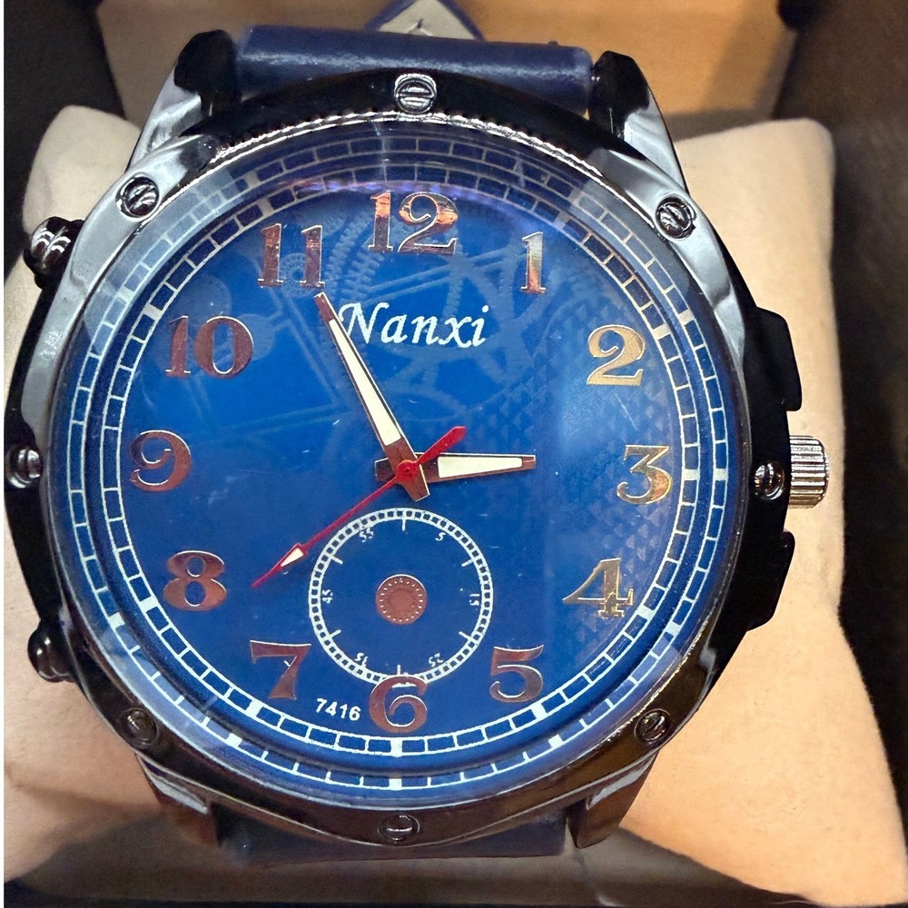 Nanxi 7416 Mens Watch Blue Dial Black Case Navy Embossed Strap 0457 - Picture 2 of 5